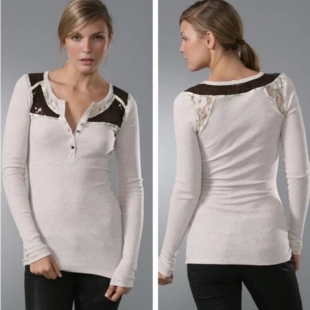 Free People Ivory Henley Long Sleeve Sequins Neck Waffle Weave Tee Shirt S